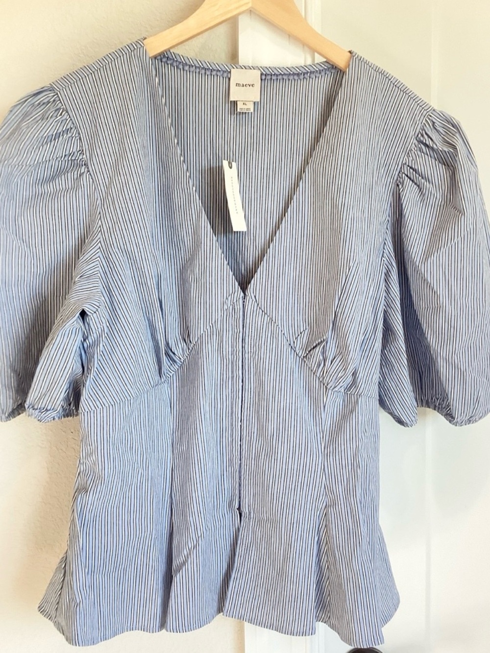 Anthropologie Puff Sleeve Peplum Blouse Maeve Pleated New XL Blue Stripe